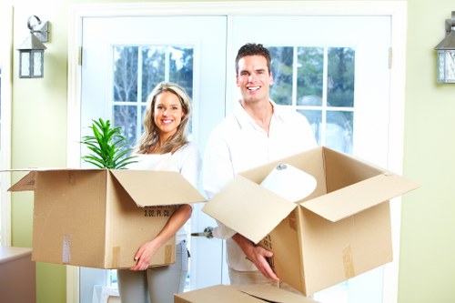 Furniture and boxes prepared for transport during a move