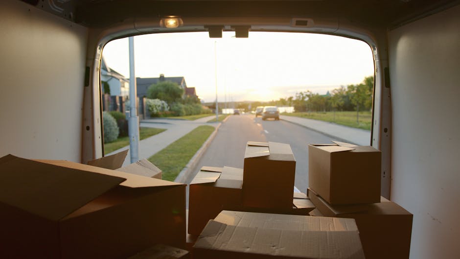 A man wearing a red cap, red t-shirt, and blue trousers is loading cardboard boxes into the back of a white van parked on a paved street. The van's rear doors are fully open, revealing black plastic crates filled with various items and packing materials such as bubble wrap and paper. The scene is set outdoors during daytime, with green trees and a partly cloudy sky visible in the background. The man is standing on the pavement, carefully placing the boxes inside, indicating a home relocation or furniture transport process carried out by a professional removals service like Man and Van Plumstead, which specialises in local moves and packing and moving services.