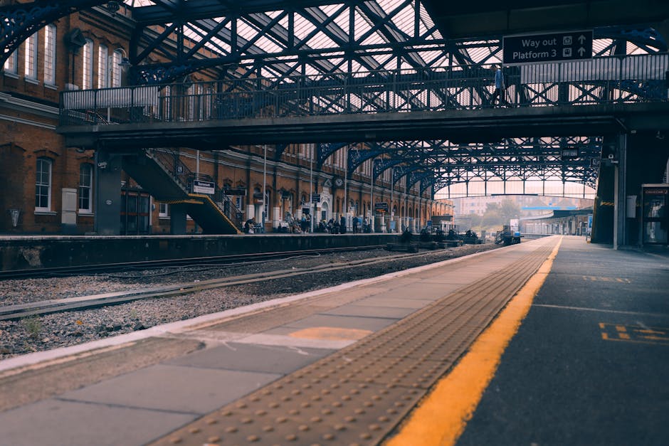 A spacious interior view of a railway station with a high, vaulted ceiling supported by blue steel arches. The ceiling features curved, ribbed metal panels and large windows allowing natural light to 