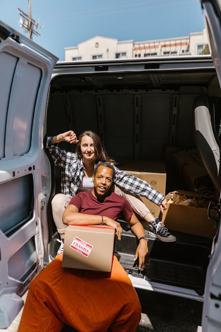 Two movers from Man and Van Plumstead are inside a well-lit room with white walls and large arched windows, engaging in the loading process of home relocation. One mover, with a beard and curly hair,
